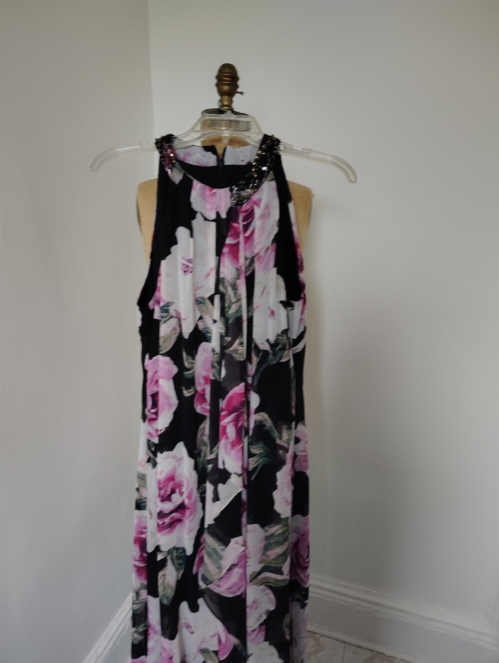 Beaded Halter Floral Maxi Dress in Black and Pink